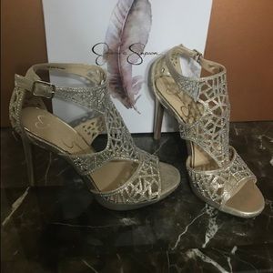 Metallic gold & rhinestone faux leather upper